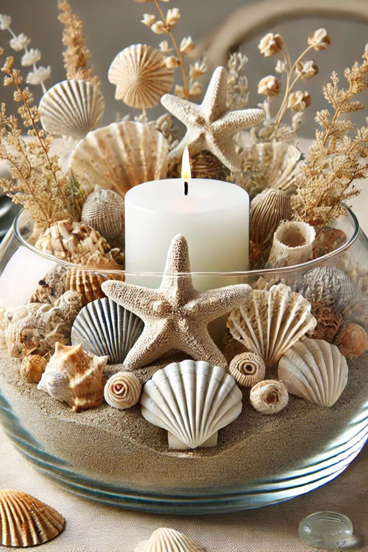 Centro de mesa de inspiración mediterránea elaborado con arena de sílice, conchas, estrellas de mar y una vela central. Una composición elegante y natural que aporta calidez y un ambiente veraniego a cualquier estancia.